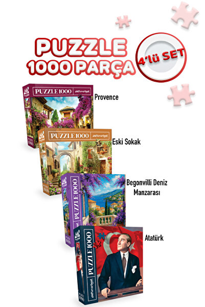 Neverland 4 ADET 1000 PARÇA PUZZLE -PROVENCE VE ESKİ SOKAK VE BEGONVİLLİ DENİZ MANZARASI VE ATATÜRK