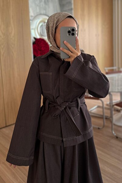 Ka Hijab Τζιν Σετ με Φαρδιά Φούστα - Καφέ