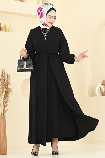 ModaMerve Beli Kuşaklı Elbise Takım 0347BG354-MS Siyah