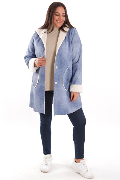 Metpoint Trend42Plus Plus Size Denim Look Hooded Detailed Blue Coat with Fur Inside