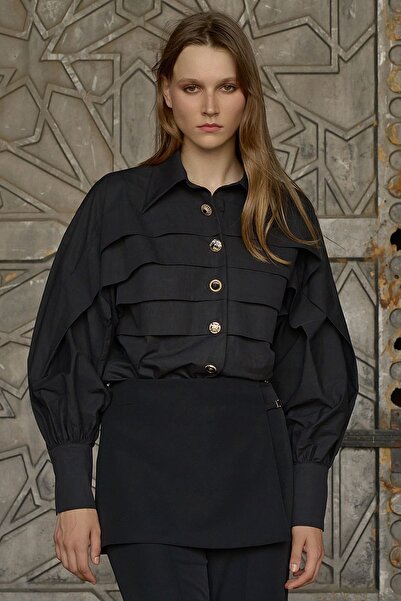 FEVER Katlama detaylı balon kol siyah gömlek