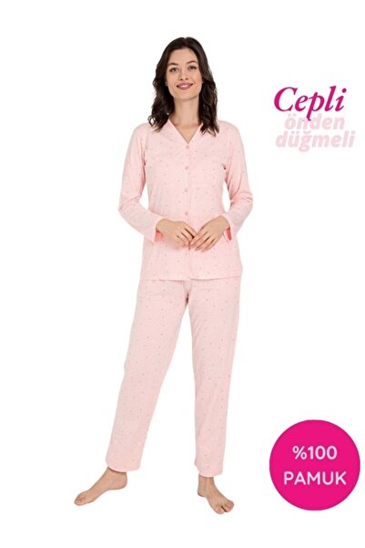 bie's Kadın V Yaka Önden Düğmeli %100 Pamuk Uzun Kol Cepli Pijama Takımı