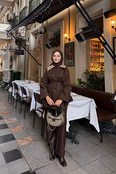 LOCCO Kadın Kadife Kaplama Garnili Trenç Acı Kahve