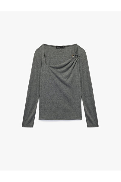 Koton Slim Fit Asymmetric Collar Long Sleeve T-Shirt with Accessory Detail