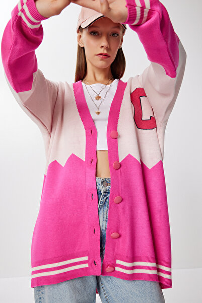 Lovelyİstanbul Υπερμεγέθη πλεκτό πουλόβερ με αντίθεση χρώματος LYY0132 ΡΟΖ ΕΚΡΟΥ