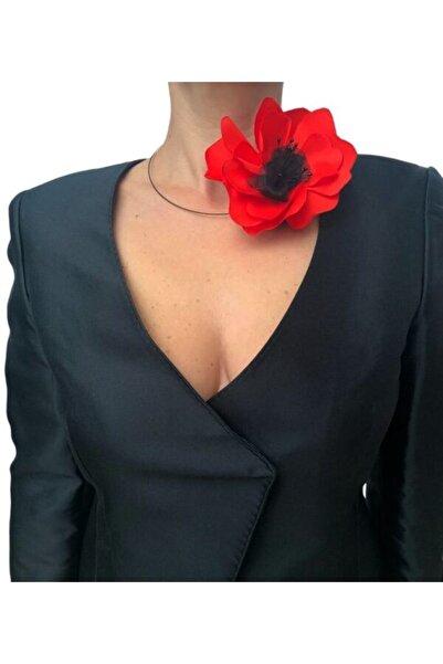 OEM Colier Cu Floare De Mac Rosu Si Miez Negru, 13 cm