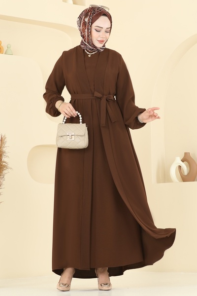 ModaMerve Beli Kuşaklı Elbise Takım 0347BG354-MS Açık Kahve