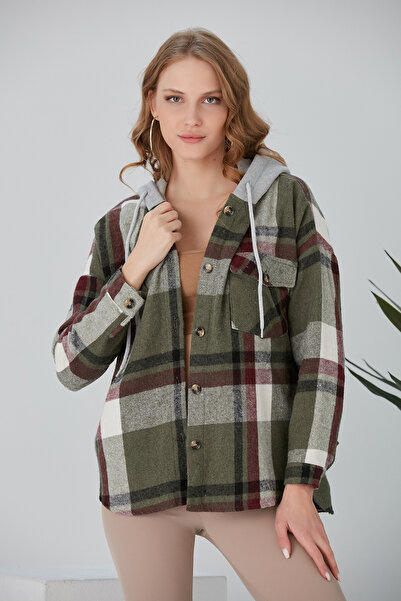 loia Kadın Haki Kapüşonlu Oduncu Gömlek Ceket Ekose Desenli Uzun Kollu Rahat ...