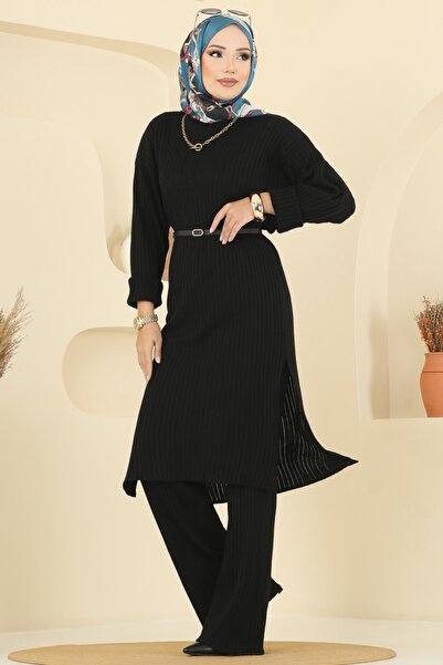 ModaMerve Yandan Yırtmaçlı Triko Takım 1020KLB1050-MS Siyah