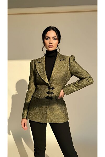 homa vedad Kadın Yeşil Kruvaze Düğmeli Slim Fit Blazer Ceket