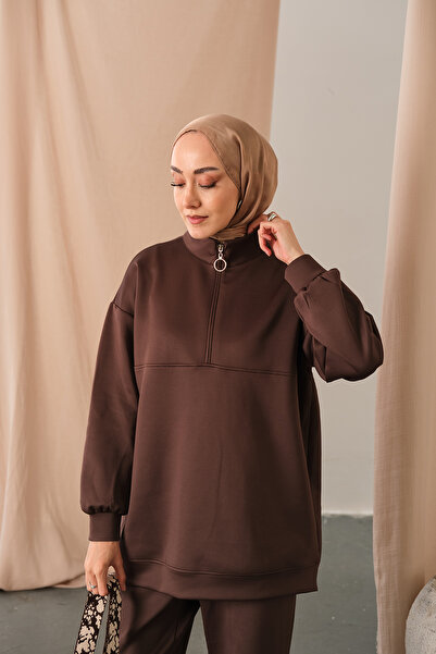 LOCCO Γυναικείο κοστούμι με μισό φερμουάρ καφέ