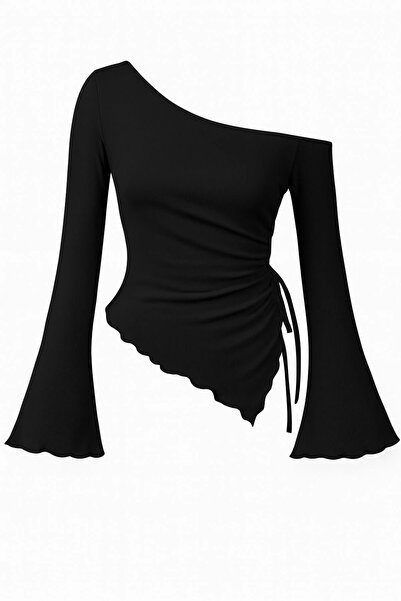 khar Long Sleeve Asymmetrical Neckline Draped Side Tie-Up Knitted Blouse
