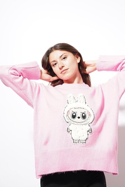 Pafi Moda Pulover tricotat detaliat Bunny Labubu roz