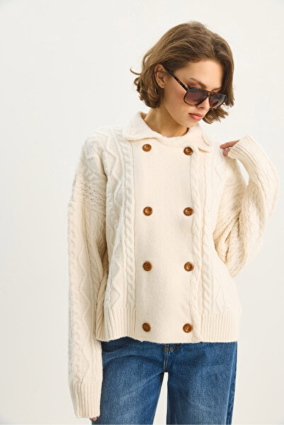 Bianco Lucci Women's Shirt Collar Double Breasted Closure Hair Knitting Soft Textured Cardigan Th251033 60283608