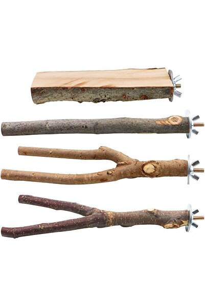 Primo Plus Set of 4 Natural Wood Parrot Stand, Branches, Fork, Bird Cage, Wooden Hanging Platform, Swing