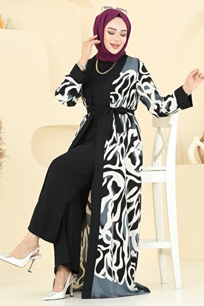 ModaMerve Desenli Üçlü Viskon Takım 0345BG354-MS Desen 1 Siyah