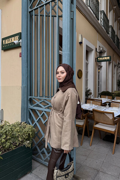 LOCCO Kadın Kadife Kaplama Garnili Trenç Vizon