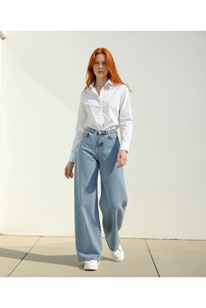 ENZİM JEANS بنطلون جينز نسائي واسع الساق بخصر عالٍ مصنوع من القطن بنسبة 100% ...