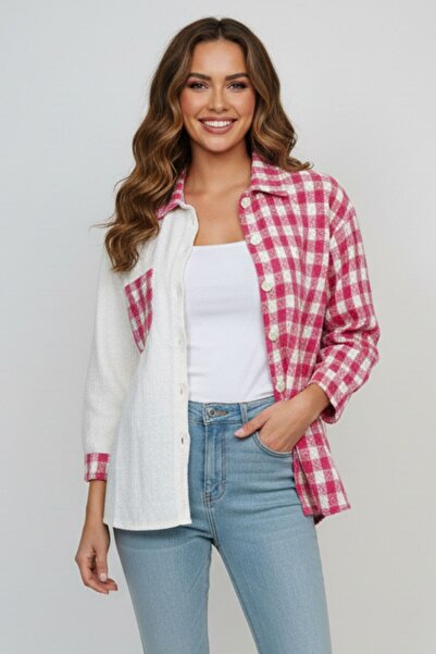 Kübra Tekstil Women's Pink Oversize Fit Plaid Patterned Long Sleeve 100% Cotton Shirt, Jacket, Women's Lumberjack Shirt