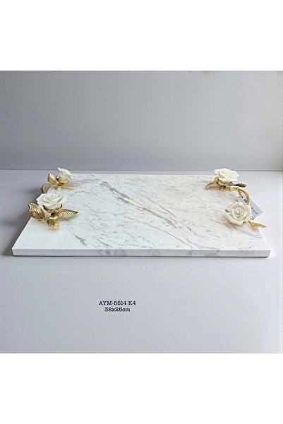 Lunara Gold Rose Detail Handled Rectangular Marble Tray 38X26 cm