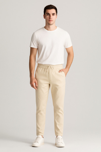 NEOWEAR Erkek Premium Kalite Beli Lastikli Bağcıklı Jogger Krem Pantolon Rahat Kesim Yan Cepli
