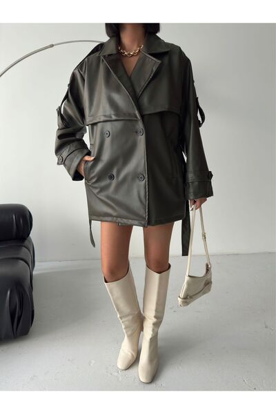 timagna Kadın Deri Trençkot Kuşaklı Kısa Boy Yeni Sezon Dış Giyim