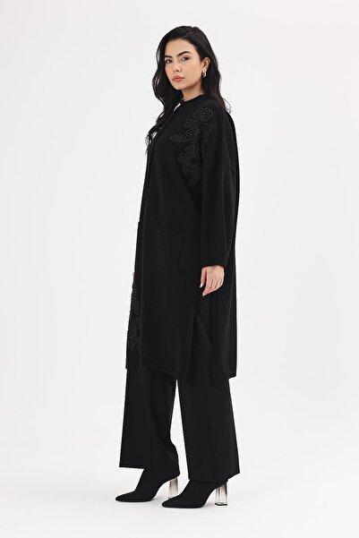 Uludağ Triko Γυναικείο μαύρο κεντημένο λουλούδι με λεπτομέρεια καπέλο παντζόνι