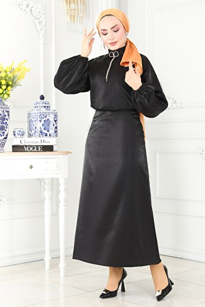 ModaMerve Broşlu Işıltlı Saten Abiye Takım 223OFR845-MS Siyah