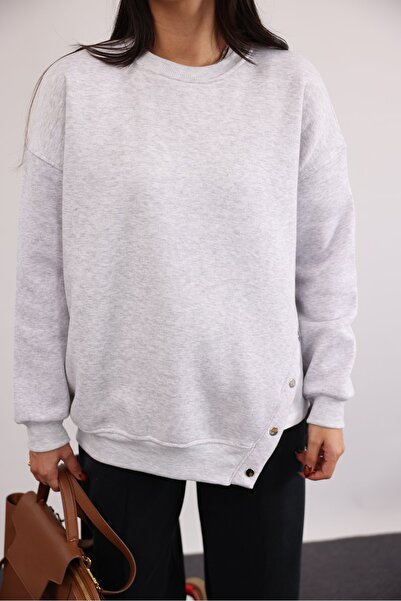 Ecenin Favorileri Gray Asymmetrical Snap Button Detail Women's Sweatshirt