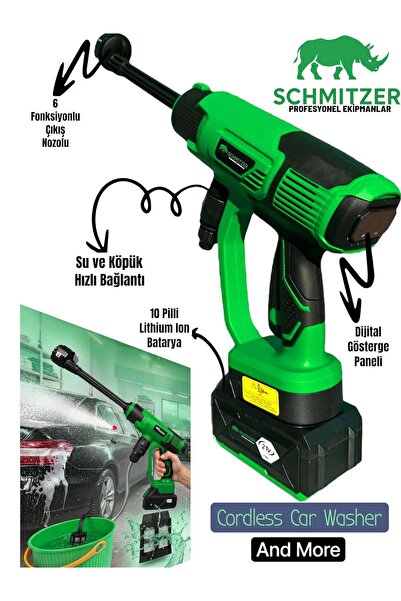 SCHMITZER 21V Brushless Motor Yüksek Basınçlı Şarjlı Oto Araba Yıkama Makinesi 3 Kademe Dijital Göstergeli