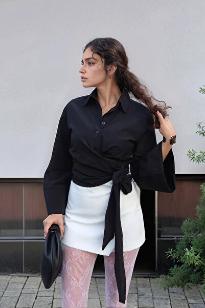 loia Cămașă neagră de damă, cu legătură în față, croială lejeră, cu detaliu l...