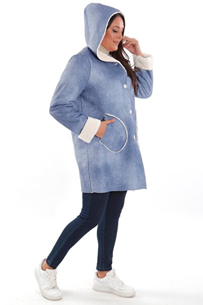 Metpoint Trend42Plus Plus Size Denim Look Hooded Detailed Blue Coat with Fur Inside
