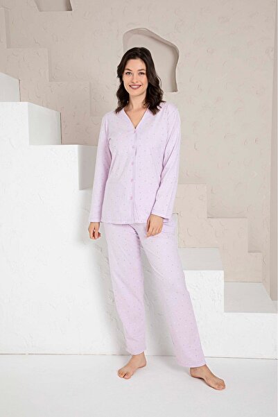 GUAVA+ Γυναικείο σετ πιτζάμες με μακρυμάνικο λιλά με λαιμόκοψη σε σχήμα V με κουμπιά από 100% βαμβάκι