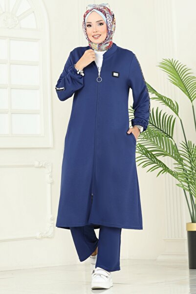 ModaMerve Önden Fermuarlı Üçlü Takım PL9164-MS İndigo