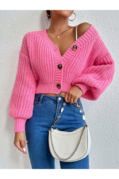 oneoff سترة نسائية بأكمام مضلعة ومزينة بأزرار محبوكة باللون الوردي