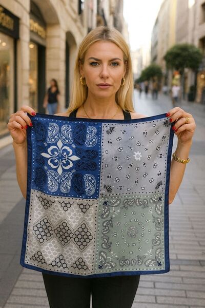 Axesoire 14890 Etnik ve Geometrik Motifli Mavi Bandana Fular 70x70 cm