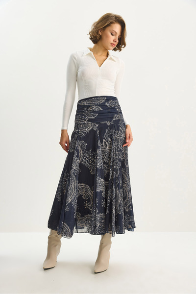 Bianco Lucci Kadın Kadın Drape Bel Detaylı Astarlı Şal Desen Bohem Uzun Etek DE251101 60283609