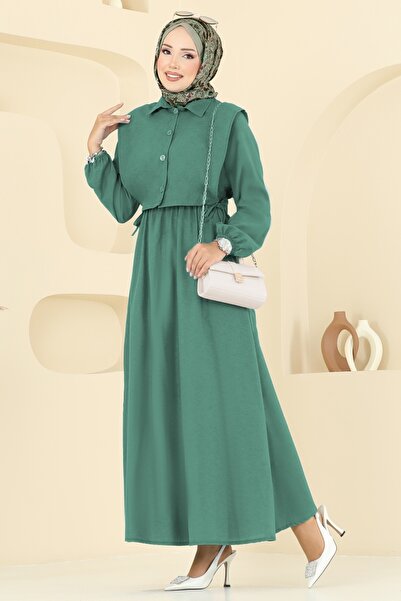 ModaMerve Yelekli Terikoton Elbise Takım 3059KTR750-MS Zümrüt