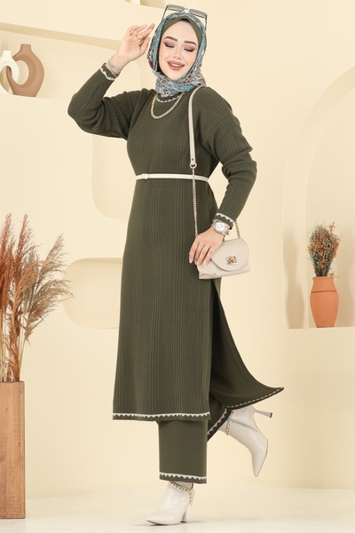 ModaMerve Çizgi Detaylı Triko Takım 2713AYD574-MS Haki