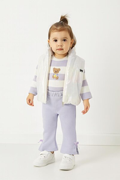 RAPAPA Baby Girl 3-Piece Set: Vest, Teddy Embroidered Sweatshirt and Bow-Tie Pants Lilac (9-12-18-24 Months) 1069
