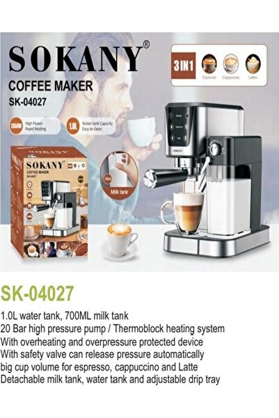 SOKANY 3-in-1 Espresso Maker, 20-Bar, Milk Frother, Touchscreen, 1.0L, 1350W, SK-04027, Black/Silver