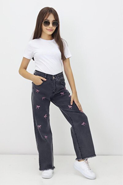 RAPİDO LİFE Girls' Ribbon Embroidered Basic Jeans Denim Jean Casual Style Kids