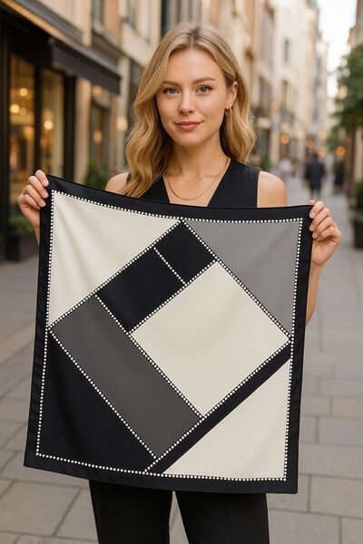 Axesoire 14886 Geometrik Desenli Siyah Beyaz Çift Tarafı Baskılı Bandana Fula...