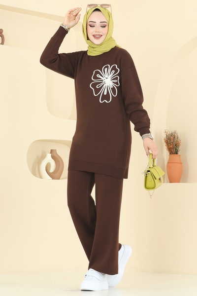 ModaMerve Çiçek Detaylı Triko Takım 2720AYD574-MS Kahve