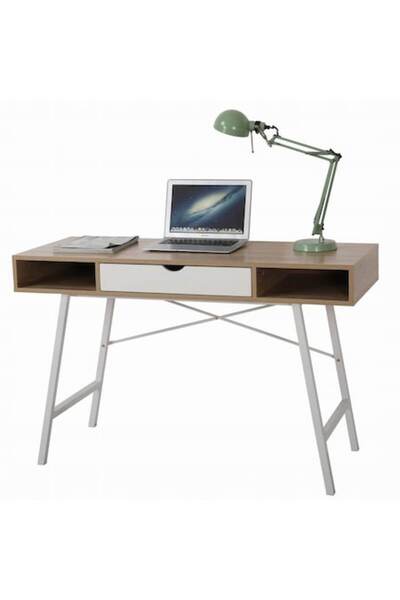 jumi Birou calculator, Jumi, panou MDF, oțel, cu sertar, rafturi laterale, alb și gri, 120x48x76 cm