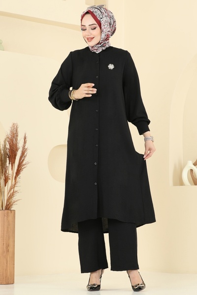 ModaMerve Önden Düğmeli Üçlü Takım 6011UZ662-MS Siyah