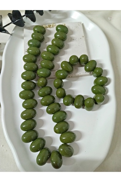 mos&more Khaki Green Ellipse Beaded Necklace Bracelet Set