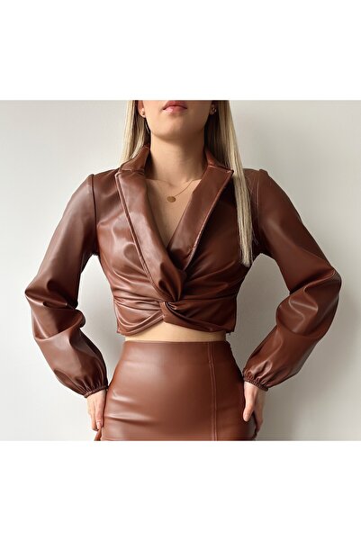 MONAMORE Crop Leather Blouse with Front Button and Side Zipper Closure