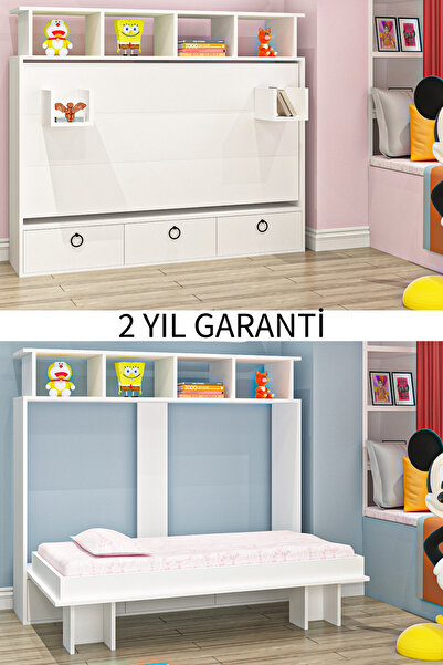Ninnimo Aysa 90x190 Yatak Uyumlu Yatay Açılır Duvar Yatağı Beyaz Kitaplıklı Karyola