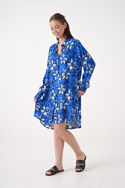 loia Women's Blue Long Sleeve Floral Print Button down Relaxed Fit Summer Cas...